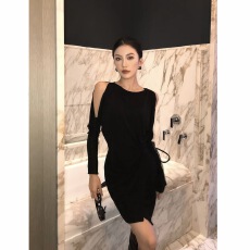 批发JIJINQI气质收腰显瘦性感<b class='q'>露肩</b>设计感优雅<b class='q'>连衣裙</b>
