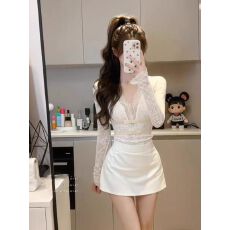 批发法式名媛风v领纯欲蕾丝衫拼接包臀<b class='q'>短裙</b>女秋冬季修身假两件连衣裙