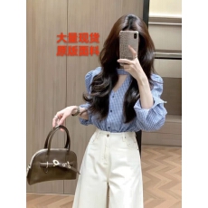 批发法式高级感蓝色格纹V领泡泡袖<b class='q'>衬衫</b>女春季收腰显瘦设计感小众上衣