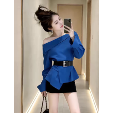 批发法式气质设计感斜领露肩<b class='q'>长</b>袖衬衫2026春夏新款休闲百搭显瘦上衣女