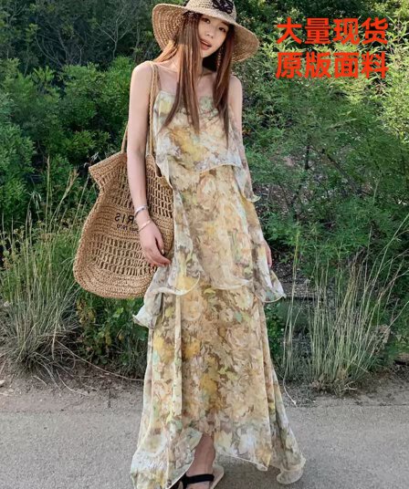 작은 6 월 6 월 브리트니 산 사쿠라 남자 섬 레트로 헤일로 염색 무거운 작업 생선뼈 자수 차 휴식 슬립 꽃무늬 드레스