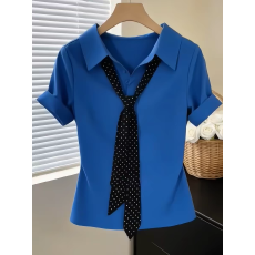 批发学院风气质领带蓝色短袖衬衫女装2026夏季新款休闲时髦爆款短上衣