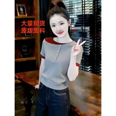批发韩系斜领撞色假两件短袖T恤女2026夏季新款修身显瘦减龄洋气上衣
