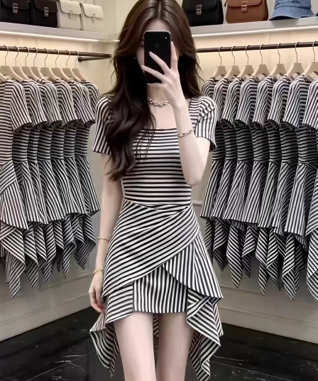 품격 스트라이프 불규칙 반팔 여성 드레스 여름 핫걸 디자인 센스 허리 수축 슬림해 보이는 광장 칼라 한 마디 미니 스커트