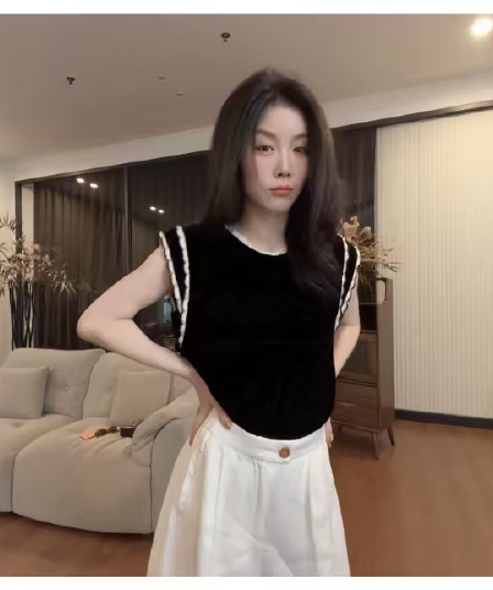 왕위 왕위 독점적 인 프랑스식 레이스 레이스 벨벳 민소매 베스트 y1804