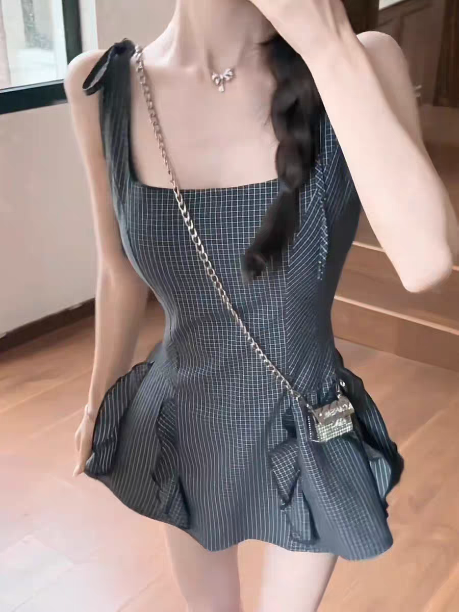 한 부서 작은 대중 스트라이프 민소매 슬립 여성 드레스 여름 허리 수축 슬림해 보이는 프릴 A라인 스커트 품격 짧은 치마