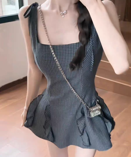 한 부서 작은 대중 스트라이프 민소매 슬립 여성 드레스 여름 허리 수축 슬림해 보이는 프릴 A라인 스커트 품격 짧은 치마