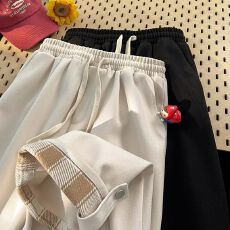 批发【薄款，加绒】翻边<b class='q'>格子</b>休闲运动<b class='q'>裤</b>女秋冬新款学生韩版阔腿<b class='q'>裤</b>