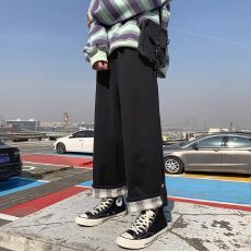 批发【薄款，加绒】翻边<b class='q'>格子</b>休闲运动<b class='q'>裤</b>女春秋新款学生韩版阔腿<b class='q'>裤</b>