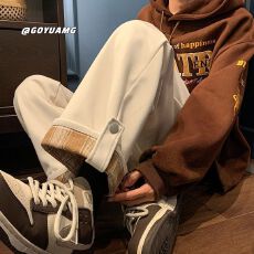 批发【薄款，加绒】翻边<b class='q'>格子</b>休闲运动<b class='q'>裤</b>女秋冬新款学生韩版阔腿<b class='q'>裤</b>