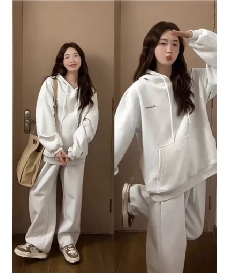 얇은 스타일 털이 있는 후드 티 스웨터 세트 여성 봄과 가을 학생 한국 스타일 루즈핏 긴팔 긴 바지 투피스 세트