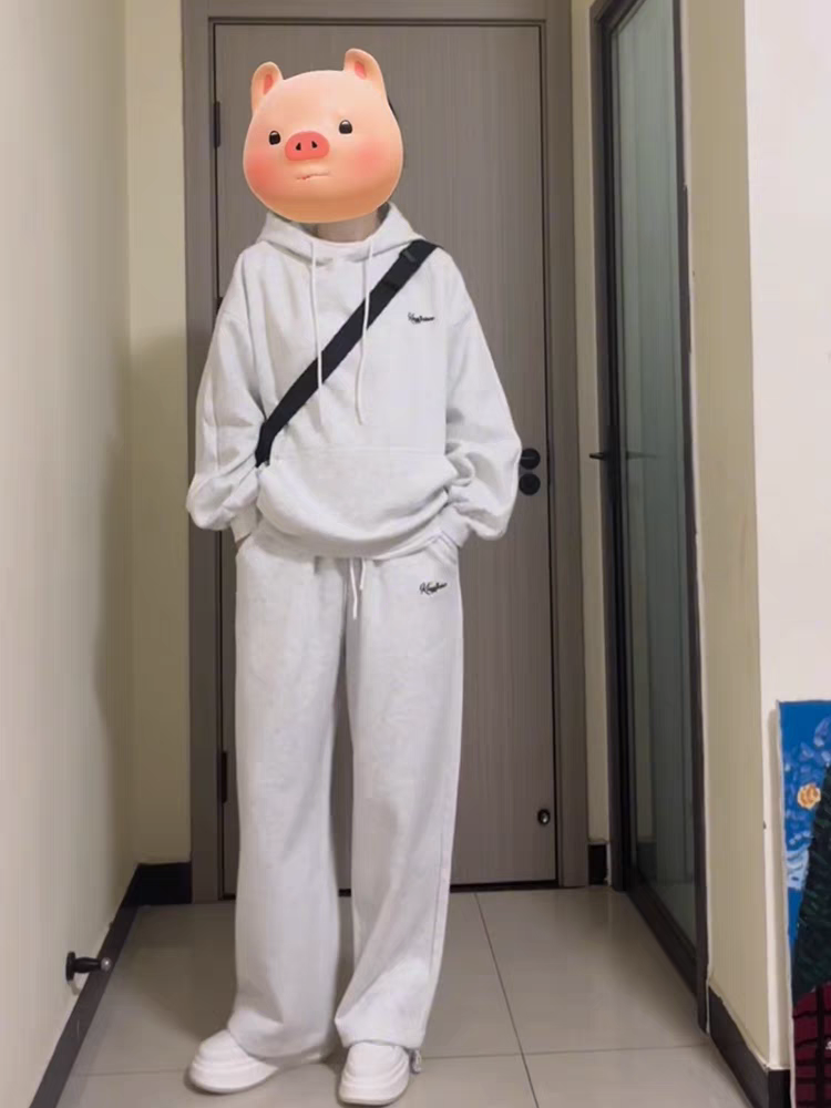얇은 스타일 털이 있는 후드 티 스웨터 세트 여성 봄과 가을 학생 한국 스타일 루즈핏 긴팔 긴 바지 투피스 세트
