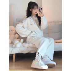 批发薄款，加绒连帽卫衣套装女春<b class='q'>秋</b>款学生韩版宽松长袖长裤两件套
