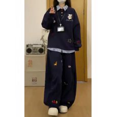 批发刺绣假两件撞色格子套装女春<b class='q'>秋</b>学生宽松美式两件套