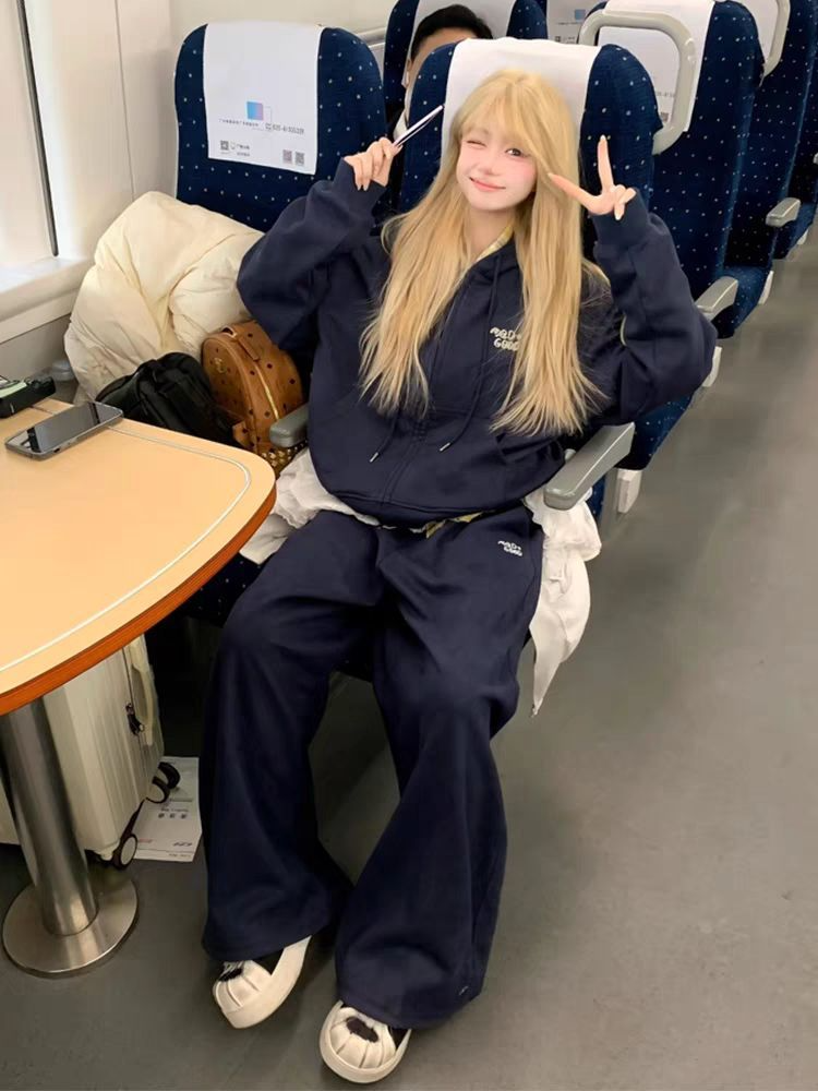 얇은 스타일 털이 있는 봄 가을 새로운 오픈 가디건 후드 티 스웨터 세트 여자 학생 루즈핏 다용도 투피스 세트