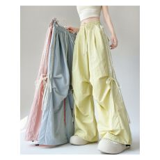 批发多巴胺蝴蝶结休闲运动长裤女夏季新款学生宽松直筒伞兵裤