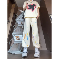 批发美式涂鸦裤子女夏季新款潮流休闲运动裤学生韩版宽松束脚裤
