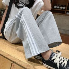 批发【薄款加绒】三条杠阔腿裤女夏季新款学生韩版宽松直筒休闲运动裤