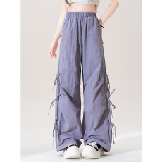 批发多巴胺侧边绑带蝴蝶结工<b class='q'>装</b>裤女夏季学生韩版宽松直筒长裤