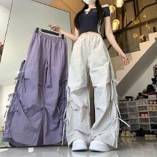 批发多巴胺侧边绑带蝴蝶结工<b class='q'>装</b>裤女夏季学生韩版宽松直筒长裤