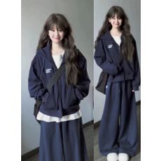 批发薄款，加绒春<b class='q'>秋</b>新款开衫连帽卫衣套装女学生宽松百搭两件套