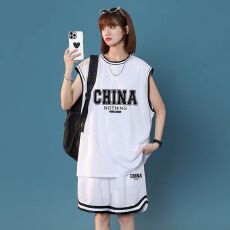 批发原版螺纹网眼布<b class='q'>夏</b>季篮球服两件套女学生宽松运动背心球衣套装
