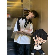 批发拼接撞色学院风POLO领短袖T恤男夏季学生韩版宽松上衣