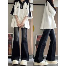 批发拼接撞色学院风POLO领短袖T恤女夏季学生韩版宽松上衣