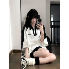 批发美式学院风撞色拼接套装女夏季新款学生宽松两件套