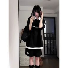 批发美式复古刺绣撞色POLO领套装女夏季新款学生韩版宽松两件套