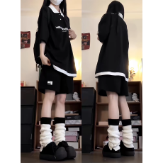 批发美式复古刺绣撞色POLO领套装女夏季新款学生韩版宽松两件套