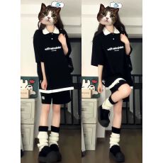 批发美式复古刺绣撞色POLO领套装女夏季新款学生韩版宽松两件套