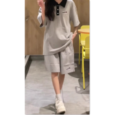 批发刺绣POLO领休闲<b class='q'>运动</b>套装女夏季新款学生韩版<b class='q'>宽松</b>两件套