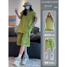 批发牛油果绿无袖套装女夏季新款学生韩版<b class='q'>宽松</b>两件套