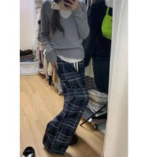 批发薄款，加绒复古格子阔腿裤女春秋新款学生韩版宽松直筒<b class='q'>休闲</b>裤