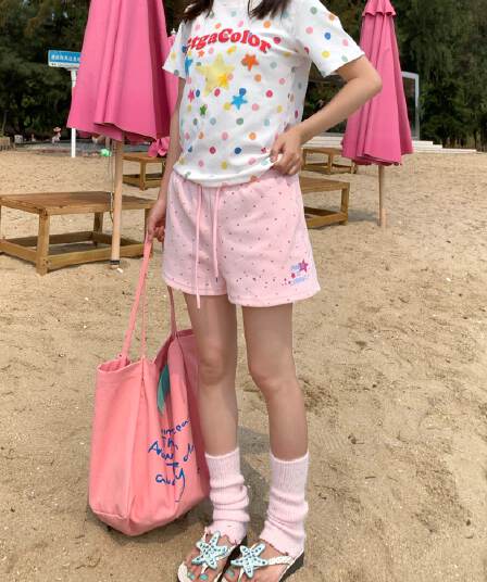여름 도트 무늬 프린트 캐주얼 운동 반바지 여자 학생 한국 스타일 루즈핏 다용도 핫걸 넓은 다리 3 점 바지