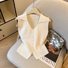 批发实拍法式polo领无袖针织背心<b class='q'>马甲女</b>夏季新款小个子时尚洋气小上衣