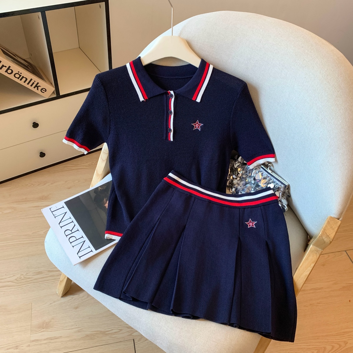 FA34019# 夏季新款学院风撞色针织polo刺绣短袖上衣百褶裙两件套女 服裝批發女裝批發服飾貨源