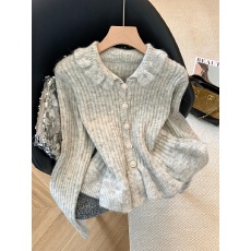 批发实拍~韩系木耳边领长袖针织<b class='q'>开衫</b>女秋冬季新款超火穿搭显瘦上衣