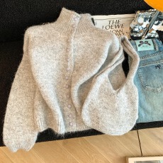 批发秋<b class='q'>冬</b>新款气质立领韩系慵懒风毛衣外套女配包包百搭显瘦休闲开衫