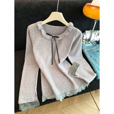 批发实拍2025新款秋季简约气质小女人波边蝴蝶结领蕾丝拼接针织衫