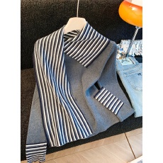 批发韩系巨好看的撞色条纹拼接飘带长袖T恤女秋冬叠穿假两件针织上衣