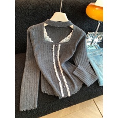 批发实拍~千金风长袖蕾丝拼接针织衫上衣女蝴蝶结方领内搭打底衫