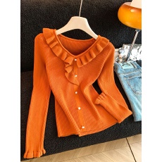 批发实拍~法式荷叶边V领长袖针织衫女秋冬新款洋气厚款打底衫毛衣女