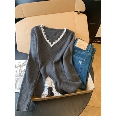 实拍~蕾丝V领上衣女秋冬季巨好看打底衫广州十三行长袖打底t恤