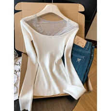 韩系性感风重工烫钻一字肩长袖针织衫女秋冬新款修身显瘦气质上衣