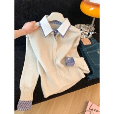 批发学院风<b class='q'>假两件</b><b class='q'>衬衫</b>领针织衫毛衣女2026早春穿搭收腰上衣开衫外套