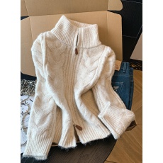 批发慵懒<b class='q'>高领</b>麻花针织<b class='q'>毛衣</b>女秋冬新款加厚宽松显瘦软糯双拉链外套上衣