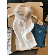 批发实拍设计感毛毛<b class='q'>高领</b>无袖背心女2025年新款气质修身百搭显瘦小上衣