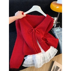 批发实拍韩系v领过年红针织开衫春上衣女短款花边吊带背心叠穿两件套